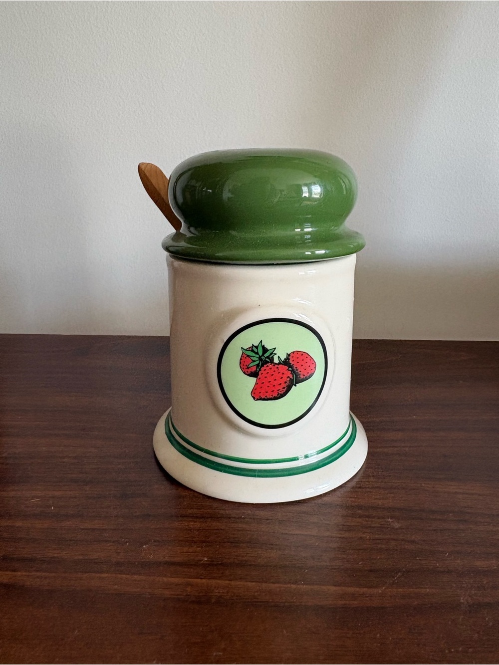 Vintage Ceramic Strawberry Jam Jar with Lid & Wooden Spoon